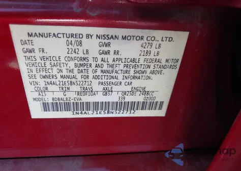 2008 Nissan Altima 2.5 S from USA, damaged, VIN 1N4AL21E58N522712
